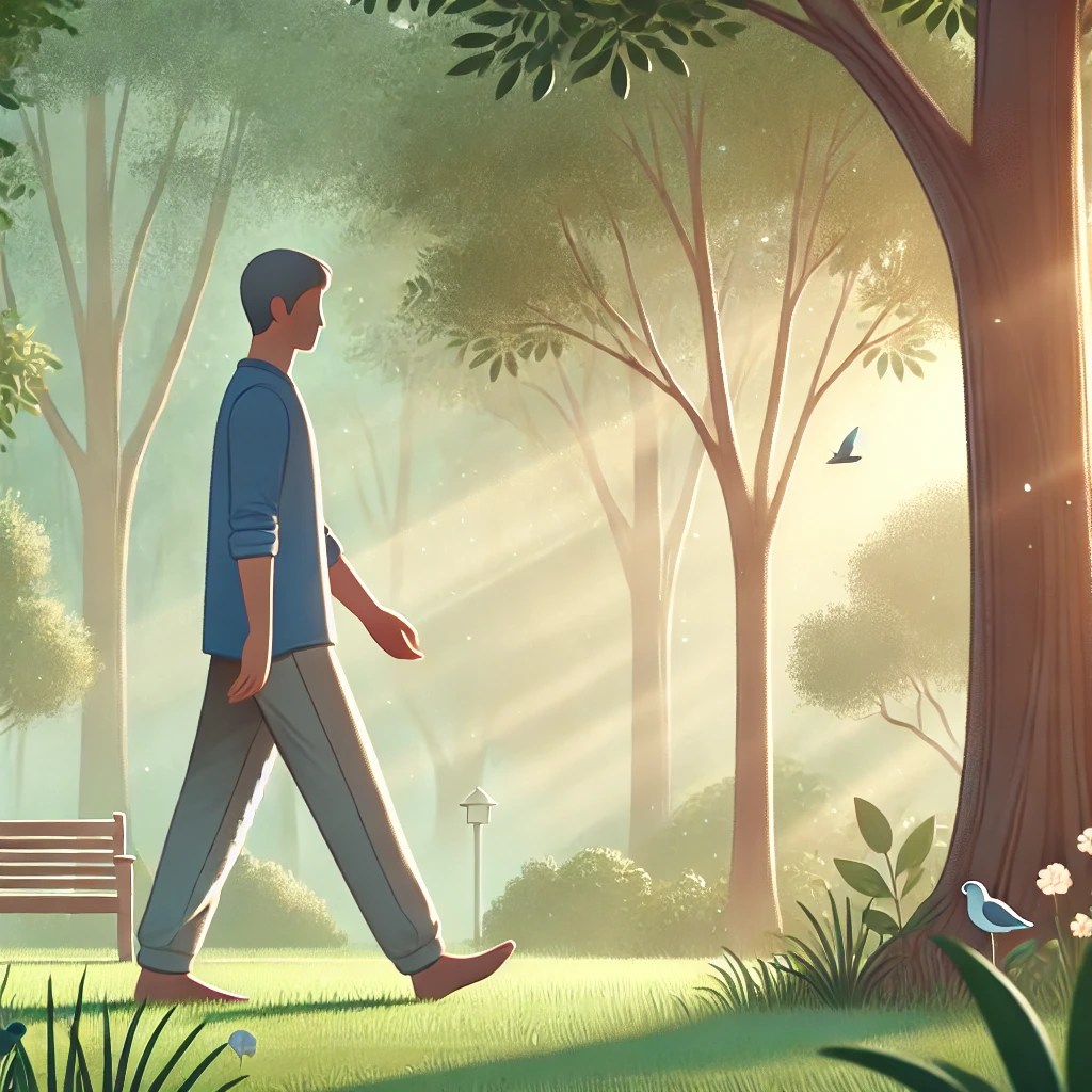 A person practicing walking meditation in a peaceful park, slowly stepping with awareness. The surroundings are calm with trees, birds, and soft sunlight filtering through the leaves. The person looks relaxed and mindful, focusing on each step.