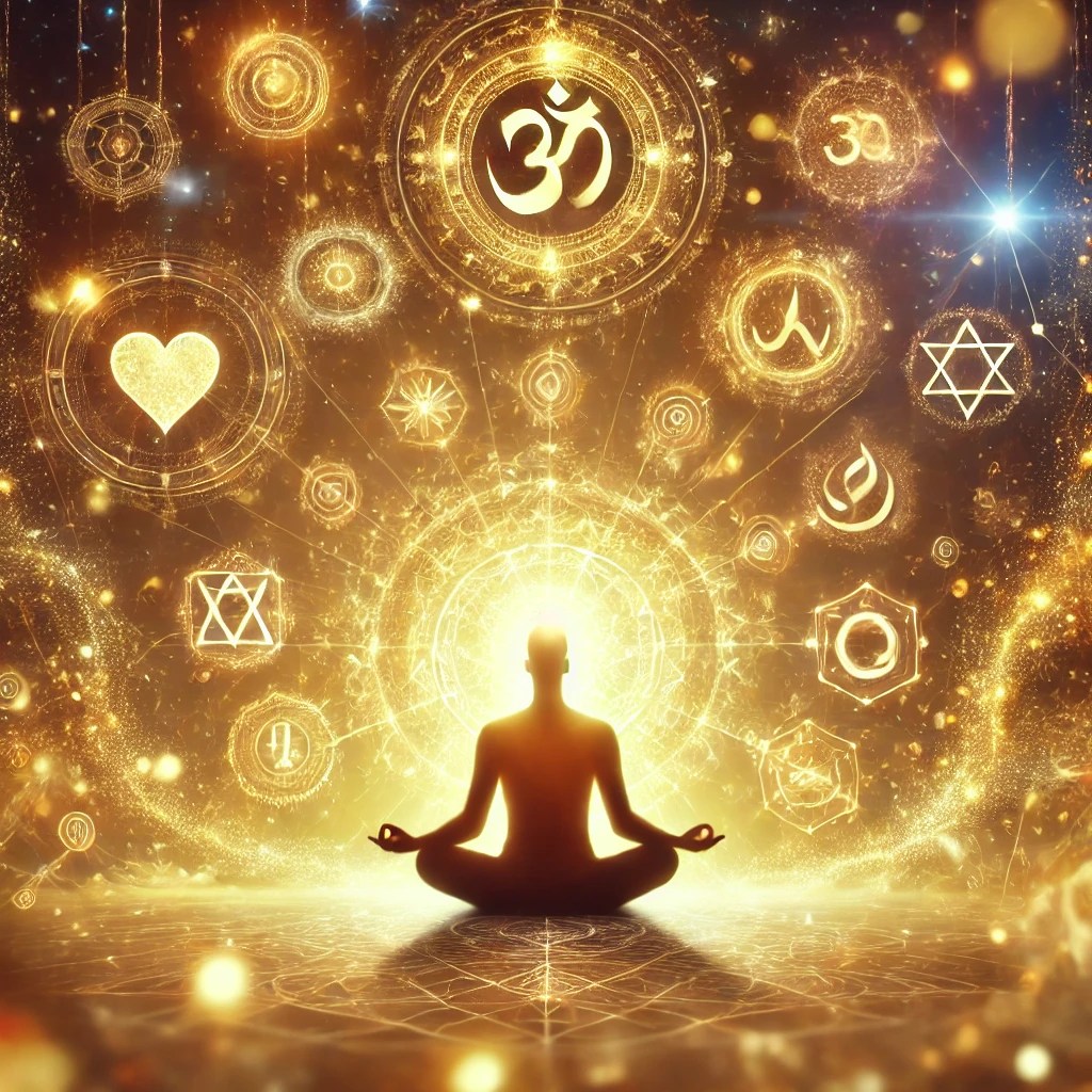 A person surrounded by glowing golden energy, meditating in a peaceful, mystical setting. The background is ethereal, with symbols of abundance, love, and manifestation appearing in the air, creating an aura of positivity and transformation.