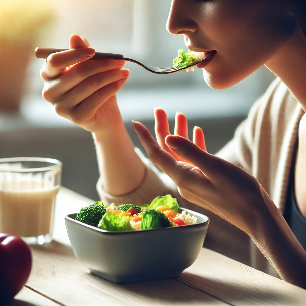 A close-up of a person eating mindfully, savoring each bite. The setting is calm, with natural light coming through a window. The food is colorful and nutritious, with the person enjoying the taste and texture of each bite.