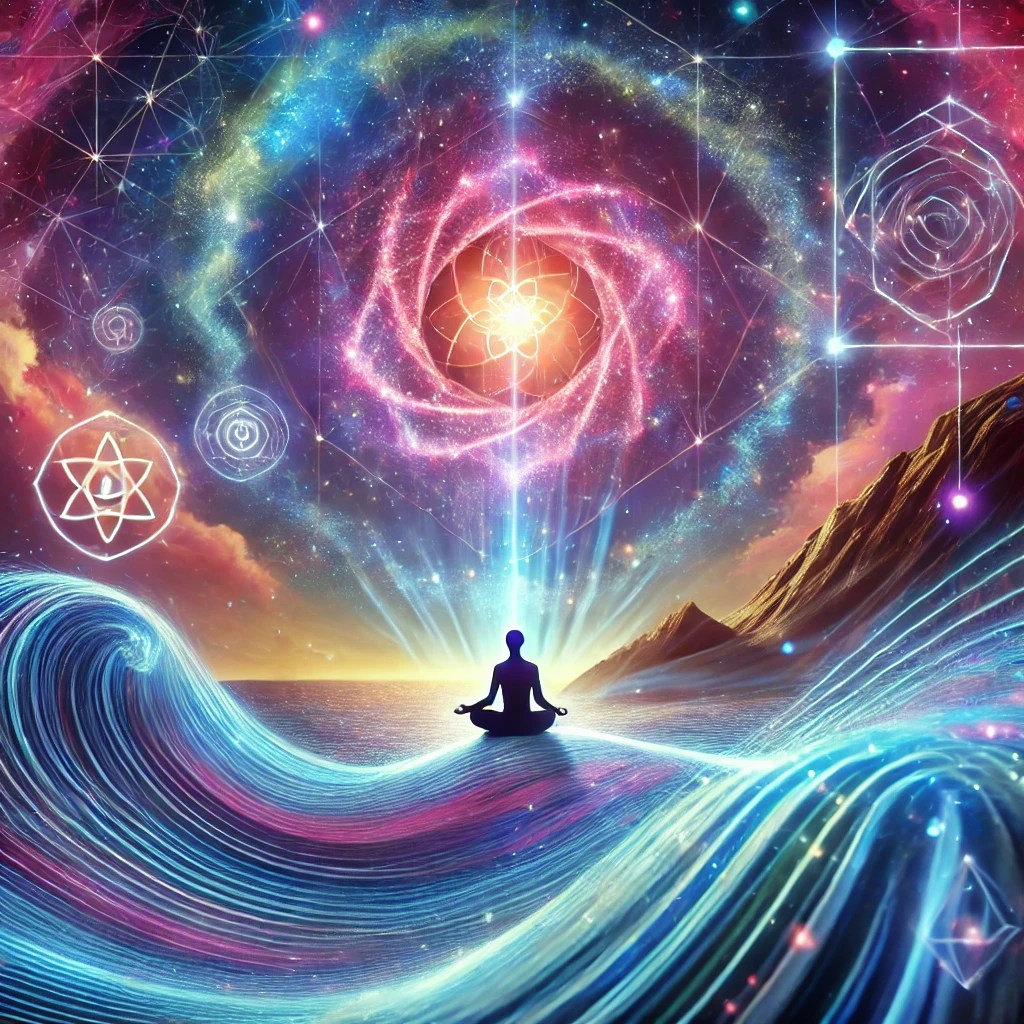 A vibrant cosmic landscape with a glowing energy vortex, symbolizing the power of manifestation. In the foreground, a person is meditating, surrounded by waves of positive energy and abundance, with floating sacred geometry patterns in the background.