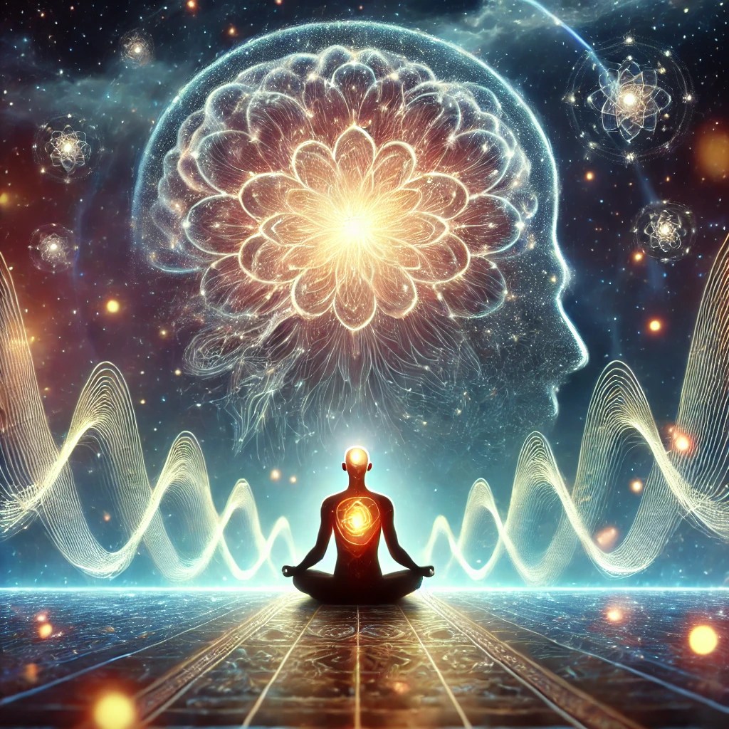 A serene and mystical meditation scene with a person sitting cross-legged, surrounded by glowing energy waves representing theta brainwave frequencies. The background features a cosmic, dream-like landscape with floating lights and an aura of abundance and positivity.