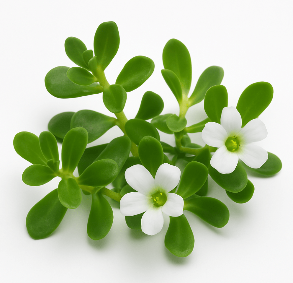 Bacopa Monnieri herb with green leaves and small white flowers, natural memory enhancer