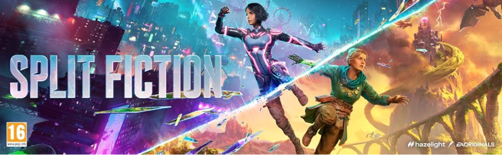 Split Fiction game review image featuring character artwork and 10/10 ratings, co-op adventure excitement