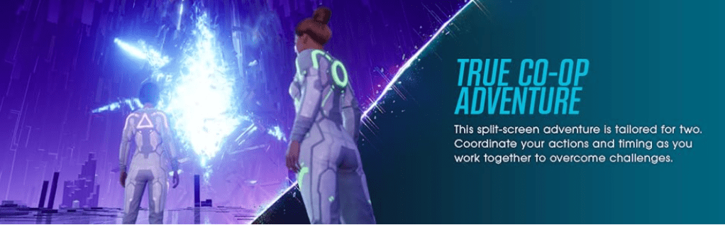 Two game characters in sci-fi suits standing before a glowing portal, true co-op adventure